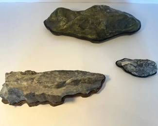 Set of 3 Japanese Suiseki Viewing Stones on Carved Wooden Daiza Stands Mountain Range Theme