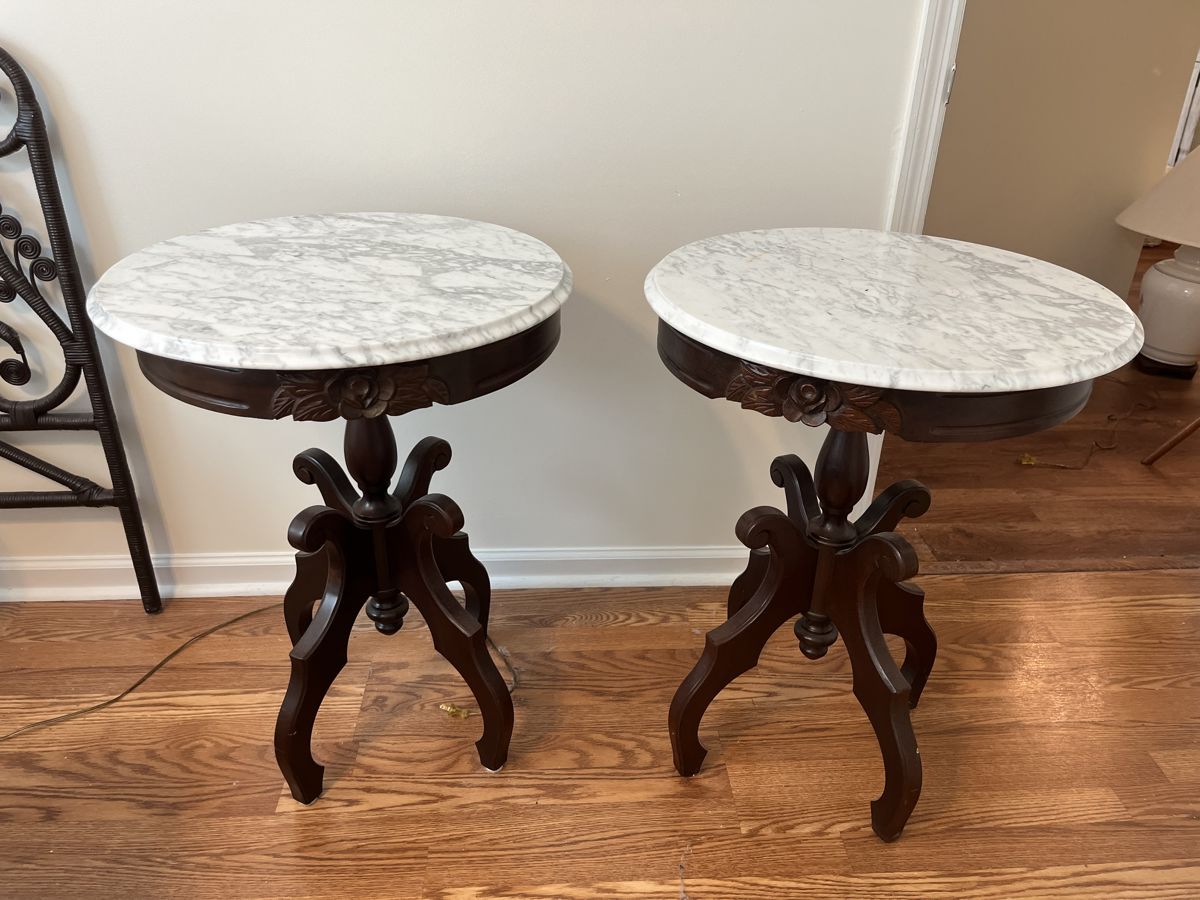 $450 Pair of antique Victorian marble top side tables; 29" H x 22"