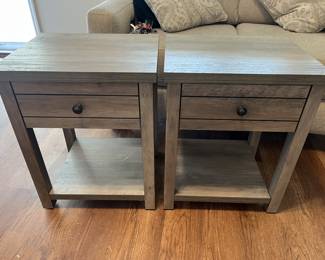 $100 Pair of like new driftwood finish Hillsdale nightstands/end tables; 18 1/2 inches wide by 15 3/4 inch deep by 23 inches high