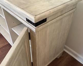 $150 Modern driftwood-colored console media cabinet; 32.25” high x 66” wide x 19” deep 