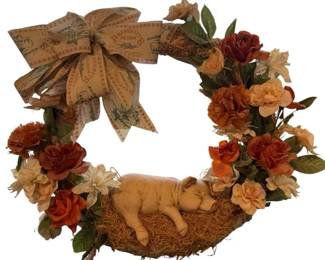 Country Wreath with Sleeping Pig Figurine Silk Florals