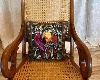 Antique Oak Pressed Back Cane Rocking Chair  Carved Detail