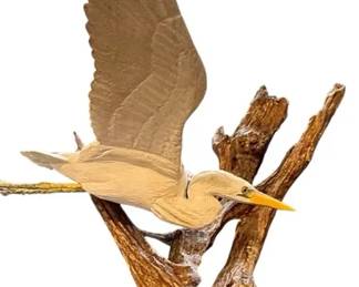 HandCarved Wooden Heron Sculpture on Driftwood Base