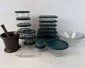 Pyrex Glass Storage Mixing Bowl Set with Vintage Mortar and Pestle