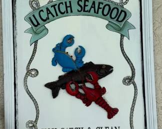 Wooden Outdoor U Catch Seafood Sign 26 Inches X 18 Inches 