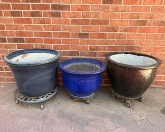 Striking Set of Three Large Ceramic Outdoor Planters 