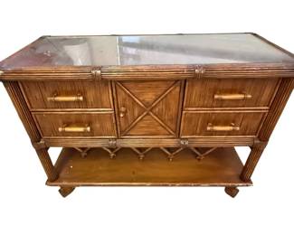 Vintage Bamboo Rattan Sideboard with Glass Top