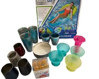 Lot Of Poolside Plasticware And Pool Float Includes Tervis Tumblers