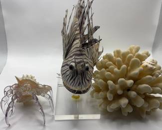 Lionfish Sculpture, Dried Cauliflower Coral, Hand blown Glass Hermit Crab In Real Shell