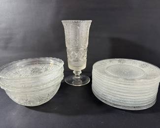 15Piece Depression Glass Set  Plates, Bowls, and Vase