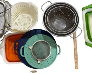 Lot Of Colanders, Strainers, And Splatter Guards 