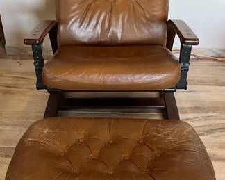 MidCentury Modern Brown Leather Lounge Chair  Ottoman  Tufted with Wood Frame