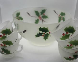 Vintage Federal Glass Holly Satin Frosted Punch Bowl