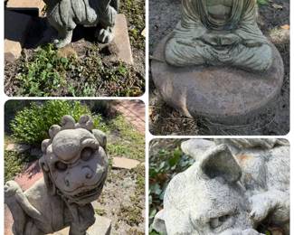 4 Concrete Garden Statues Foo Dogs, Buddha  Gargoyle