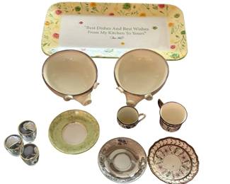 Assorted Tea Cups, Saucers Decorative Serving Tray