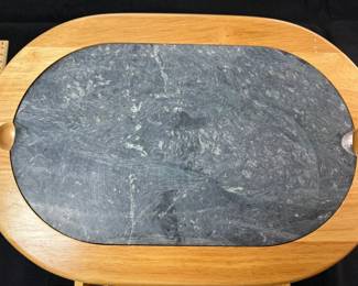 Vintage Wooden Marble Accented Oval Chopping Board With Drawer And Utensils