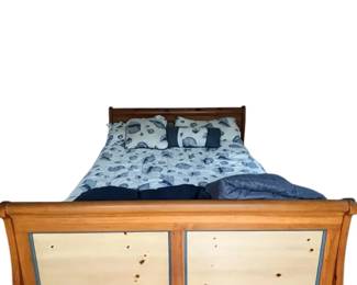 Wooden Bedframe Blue Accents, With Matching Side Tables 