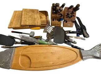 Lot Of Filet Knives, Knives, Cutting Boards, And Utensils 