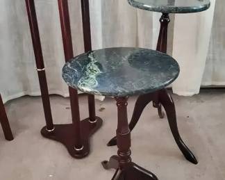 3 Vintage MarbleTop Accent Tables  Green  White Marble with Mahogany Bases