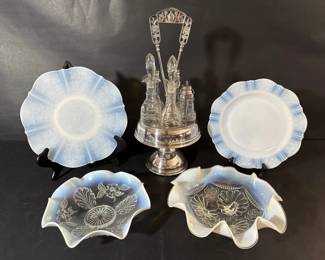 Opalescent Bowls Silverplate Cruet  Set Collection of Antique  Vintage Glassware