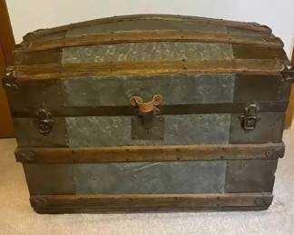 Antique DomeTop Steamer Trunk  Tin  Wood with Original Floral Paper Lining