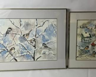 Pair of Jean Haefele Signed Numbered Prints  Framed Winter Bird Scenes