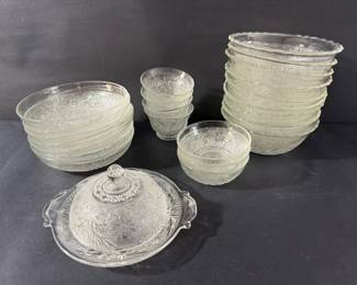 Depression Glass Serving Collection 23 Pieces  Bowls, Shallow Bowls, Cups  Butter Dish