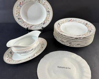 Tiffany Co. Audubon Limoges France  Set of 8 Soup Bowls 8.75 with Gravy Boat  Underplate