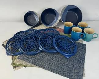Le Creuset Blue Stoneware Mugs, Cast Iron Trivets Ceramic Bowls and Chilewich Placemats