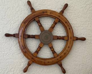 Wooden Captains Wheel 24 Inches Tall With Captains Table Metal Bell 10 Inches Tall 