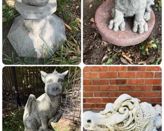 Collection of Vintage Concrete Garden Statues Owl, Gargoyles  Dragon