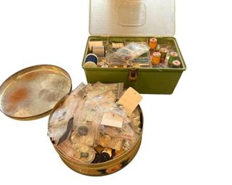 Vintage Sewing Box with Buttons, Threads Notions