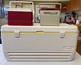 Large Igloo White Cooler with Handles And Two Personal Size Coolers 