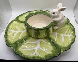 Vintage Bunny Cabbage Ceramic Dish And Platter  1980s