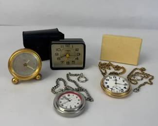 Pocket Watches Clocks Lot  Timex Travel Alarm, Chass Desk Clock, Ball Pocket Watch, Swiss Army