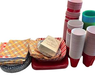 Lot Of Plastic Cups, Paper Napkins, Paper Plates And Popcorn Bowls