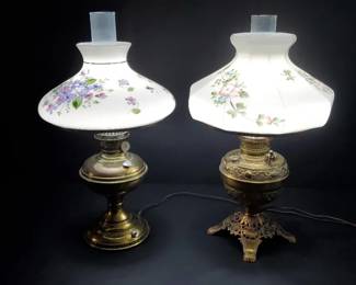 Pair of Vintage Hurricane Table Lamps Brass Bases with HandPainted Floral Glass Shades