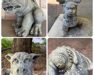 Collection of 4 Concrete Gargoyle Dragon Garden Statues
