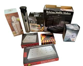 Lot Of Bbq And Kitchen Supplies Belgian Waffle Maker, Burger Supplies 