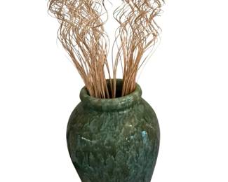 Tall Green Glazed Ceramic Vase with Decorative Twigs