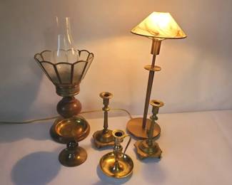 Vintage Brass Candle Holders And Lamp