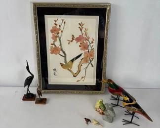 Framed Asian Bird Blossom Artwork with Mixed Bird Figurine Collection