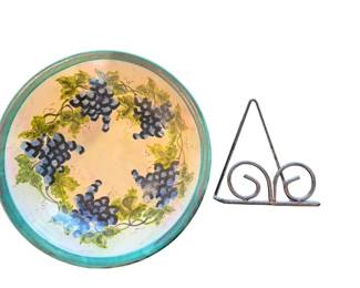 HandPainted Ceramic Grapevine Serving Platter with Metal Stand