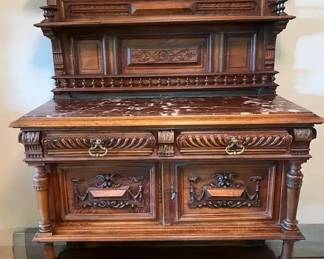 Antique Renaissance Revival Walnut Sideboard with Marble Top Carved Details  19th Century