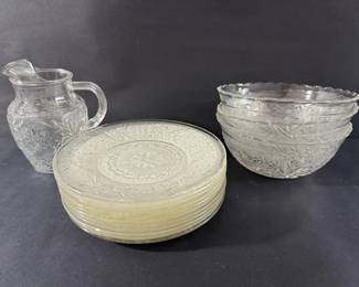 14Piece Clear Pressed Depression Glass Set  Plates, Serving Bowls  Pitcher