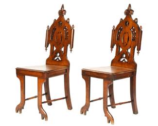 Lot 253: Pair Walnut English Gothic Revival Hall Chairs