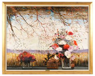 Lot 45: Michel-Henry Still Life Flowers in Window Painting