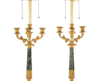 Lot 7: Pair French Gilt Bronze & Marble Candelabra Lamps