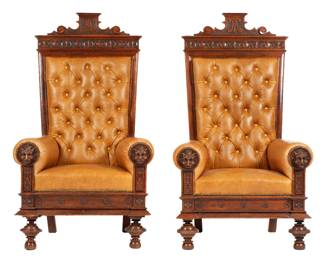 Lot 126: Pair Tall Carved Oak Moorish Style Hall Chairs