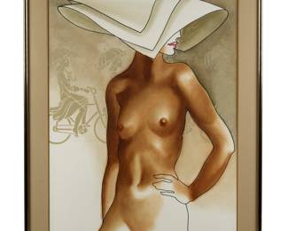 Lot 240: Juarez Machado Mixed Media Nude Woman with Hat